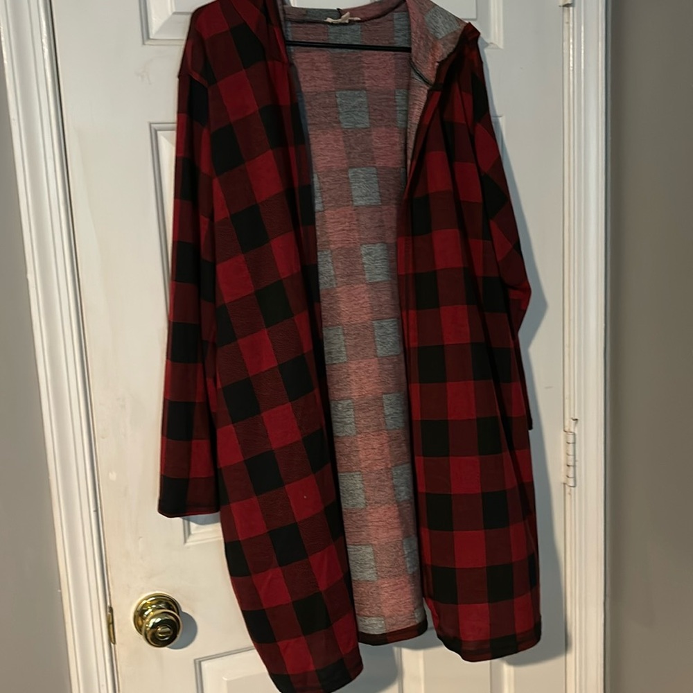 Black and red sweater coat with hoodie
